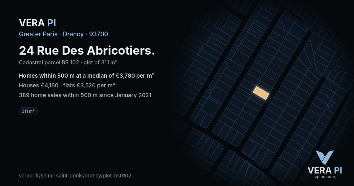 24 Rue Des Abricotiers, Drancy at night – the plot lit, the parcels around coloured by the prices near them