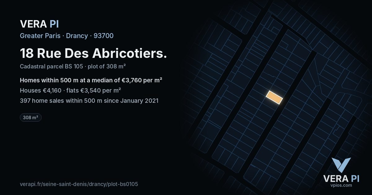 18 Rue Des Abricotiers, Drancy at night – the plot lit, the parcels around coloured by the prices near them