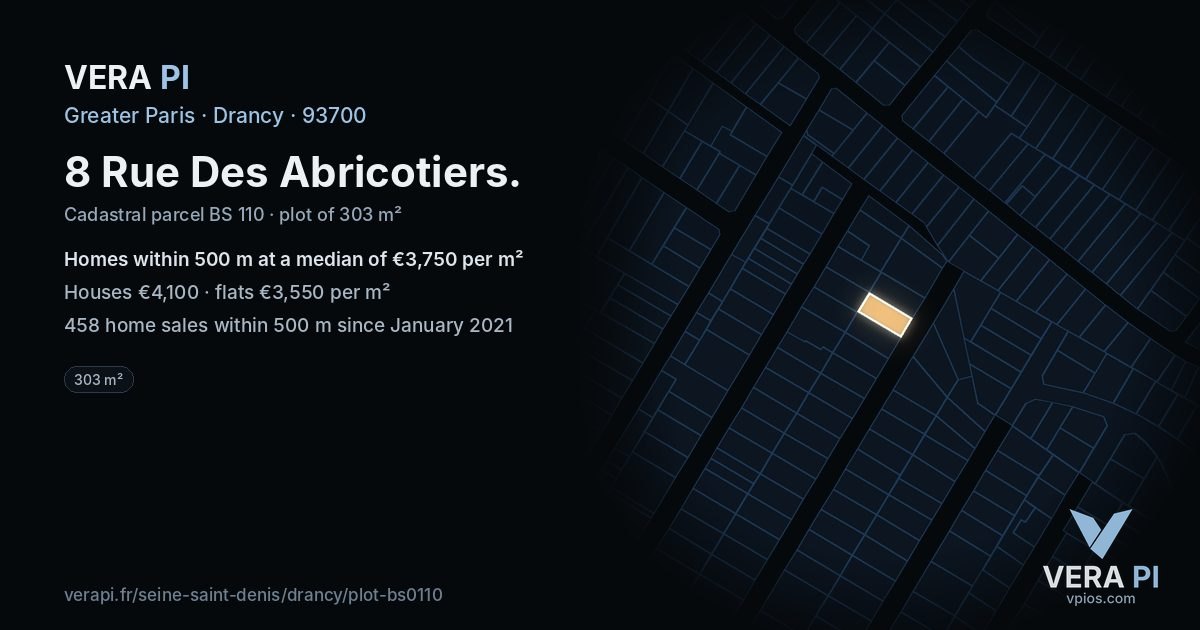 8 Rue Des Abricotiers, Drancy at night – the plot lit, the parcels around coloured by the prices near them