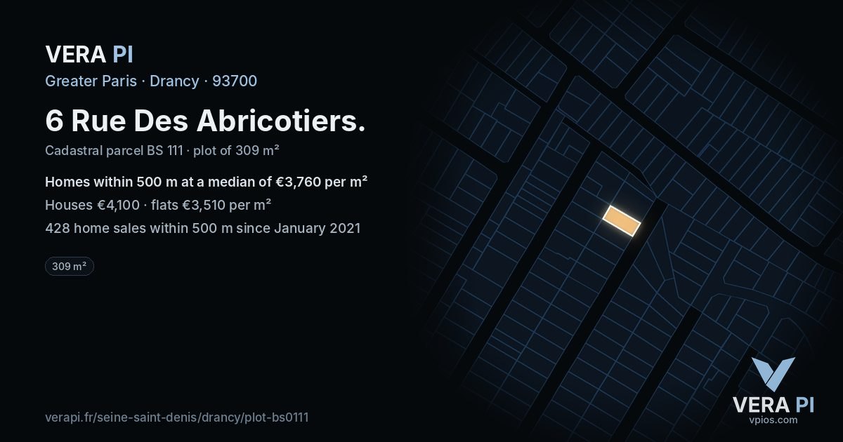 6 Rue Des Abricotiers, Drancy at night – the plot lit, the parcels around coloured by the prices near them