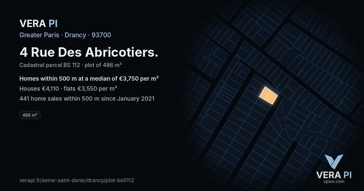 4 Rue Des Abricotiers, Drancy at night – the plot lit, the parcels around coloured by the prices near them