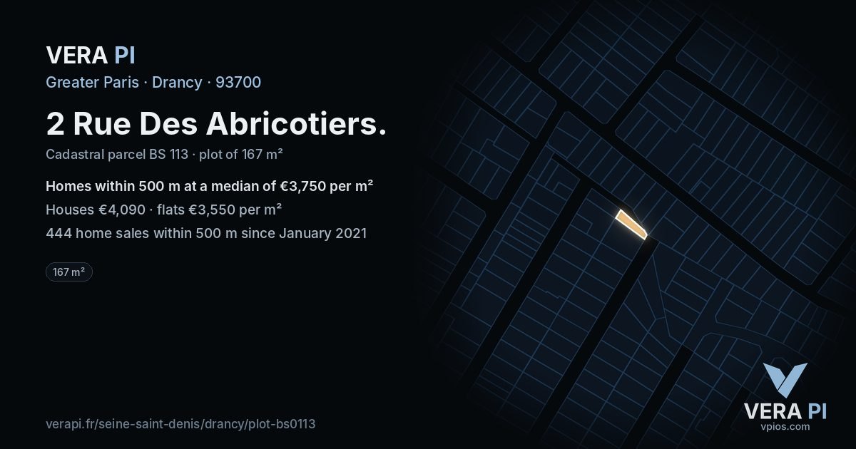 2 Rue Des Abricotiers, Drancy at night – the plot lit, the parcels around coloured by the prices near them
