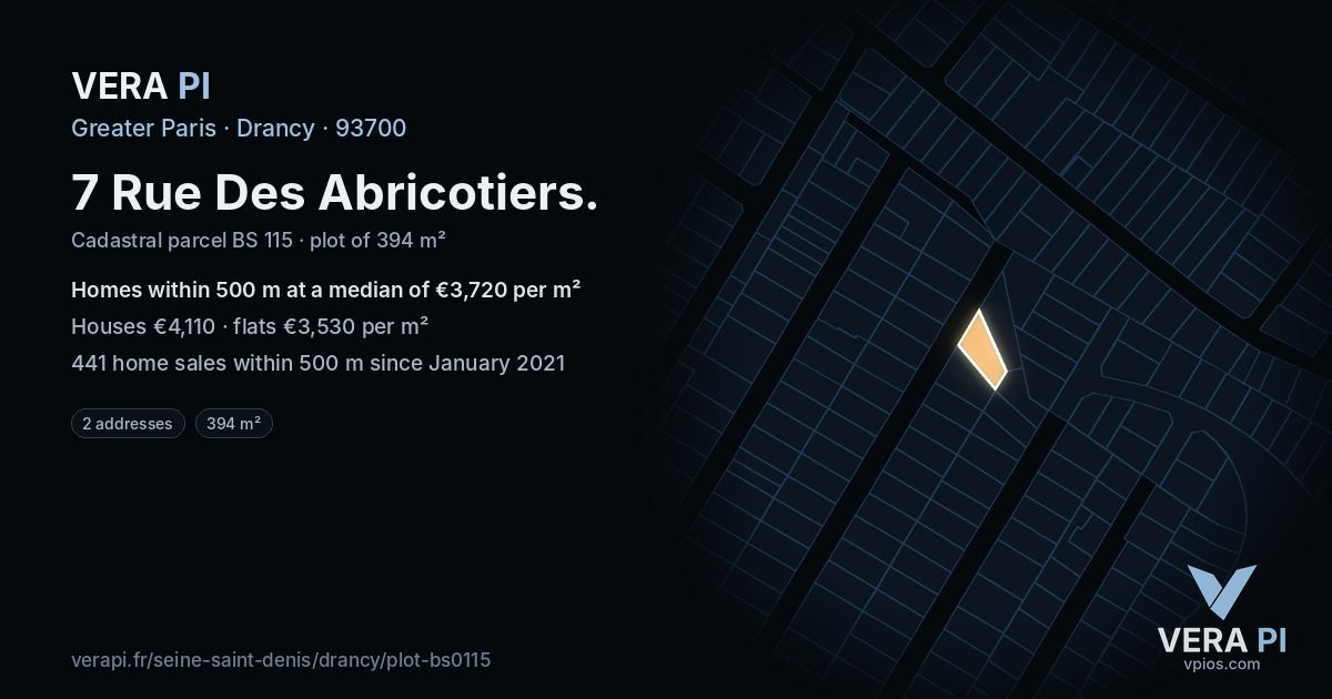 7 Rue Des Abricotiers, Drancy at night – the plot lit, the parcels around coloured by the prices near them