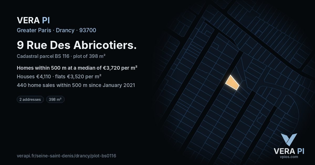 9 Rue Des Abricotiers, Drancy at night – the plot lit, the parcels around coloured by the prices near them