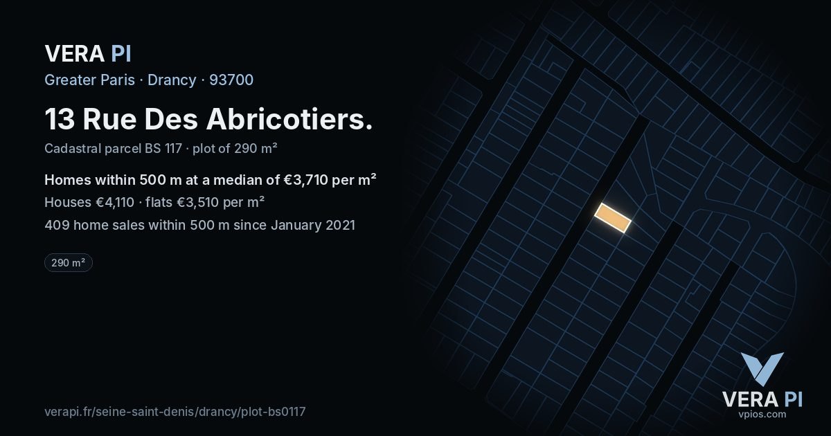 13 Rue Des Abricotiers, Drancy at night – the plot lit, the parcels around coloured by the prices near them
