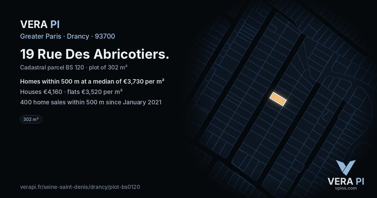 19 Rue Des Abricotiers, Drancy at night – the plot lit, the parcels around coloured by the prices near them