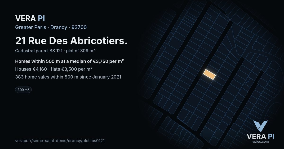 21 Rue Des Abricotiers, Drancy at night – the plot lit, the parcels around coloured by the prices near them