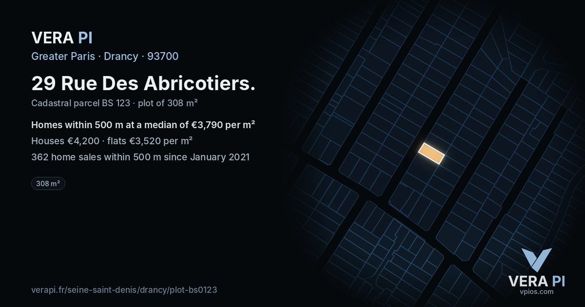 29 Rue Des Abricotiers, Drancy at night – the plot lit, the parcels around coloured by the prices near them