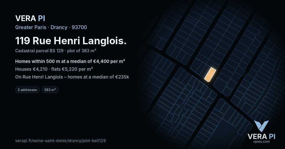 119 Rue Henri Langlois, Drancy at night – the plot lit, the parcels around coloured by the prices near them