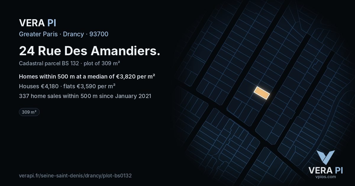 24 Rue Des Amandiers, Drancy at night – the plot lit, the parcels around coloured by the prices near them