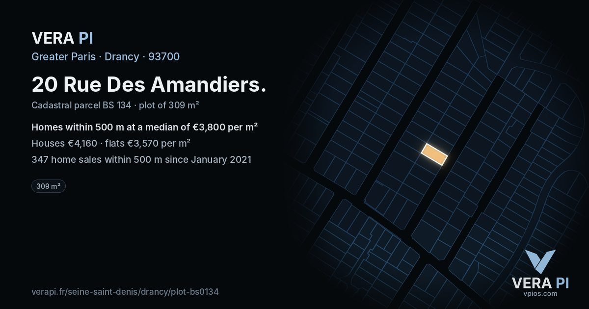20 Rue Des Amandiers, Drancy at night – the plot lit, the parcels around coloured by the prices near them