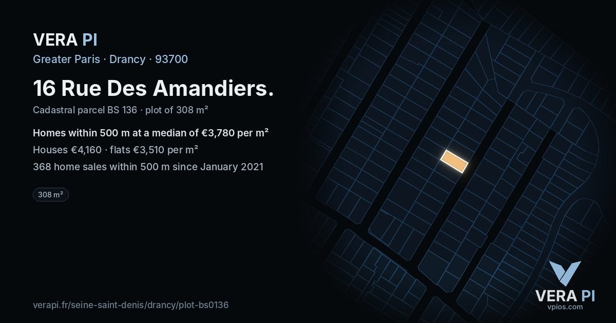 16 Rue Des Amandiers, Drancy at night – the plot lit, the parcels around coloured by the prices near them