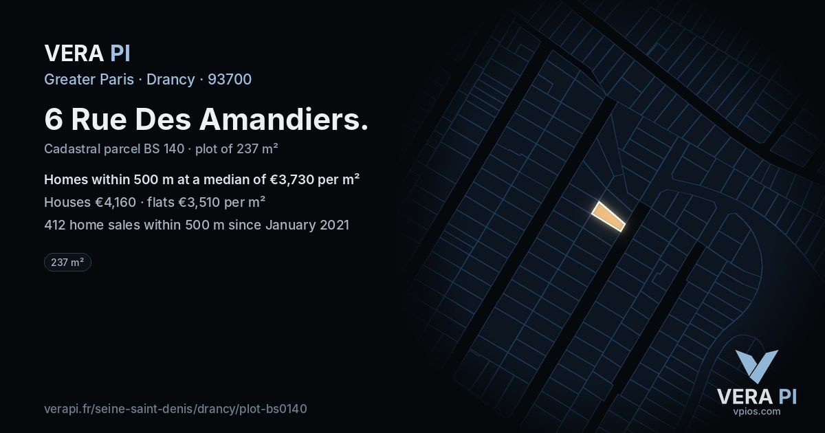 6 Rue Des Amandiers, Drancy at night – the plot lit, the parcels around coloured by the prices near them