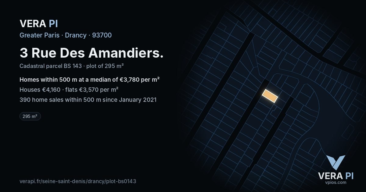 3 Rue Des Amandiers, Drancy at night – the plot lit, the parcels around coloured by the prices near them