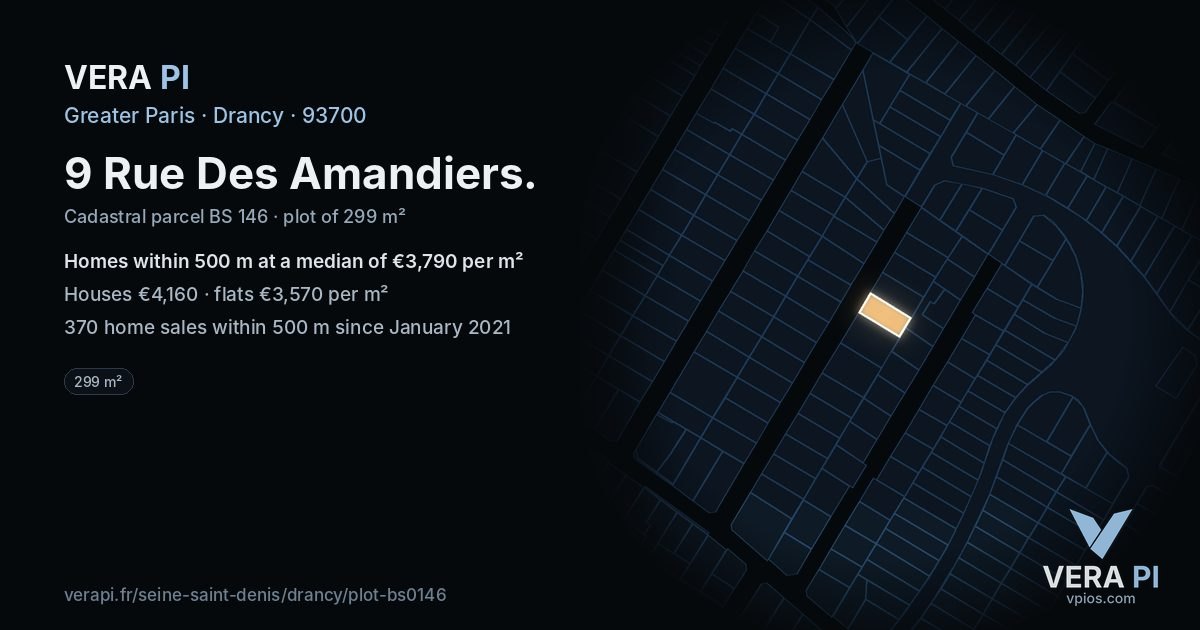 9 Rue Des Amandiers, Drancy at night – the plot lit, the parcels around coloured by the prices near them