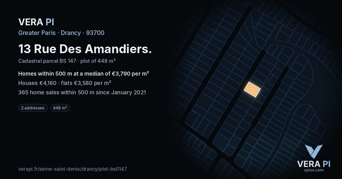 13 Rue Des Amandiers, Drancy at night – the plot lit, the parcels around coloured by the prices near them