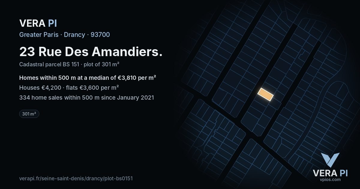 23 Rue Des Amandiers, Drancy at night – the plot lit, the parcels around coloured by the prices near them