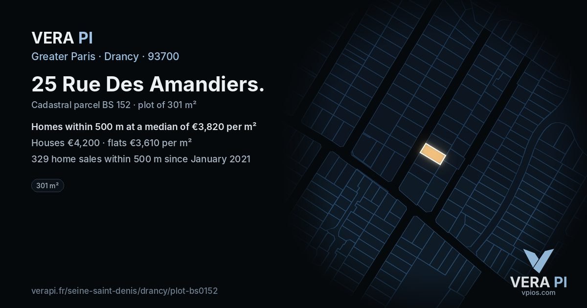 25 Rue Des Amandiers, Drancy at night – the plot lit, the parcels around coloured by the prices near them