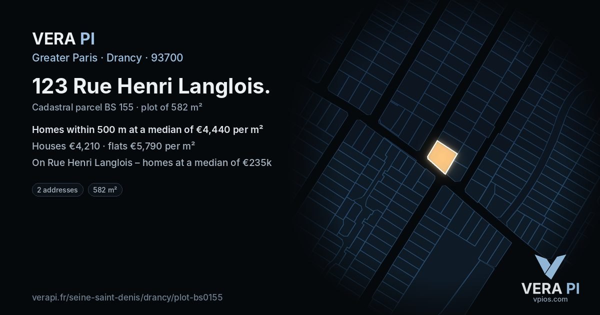 123 Rue Henri Langlois, Drancy at night – the plot lit, the parcels around coloured by the prices near them