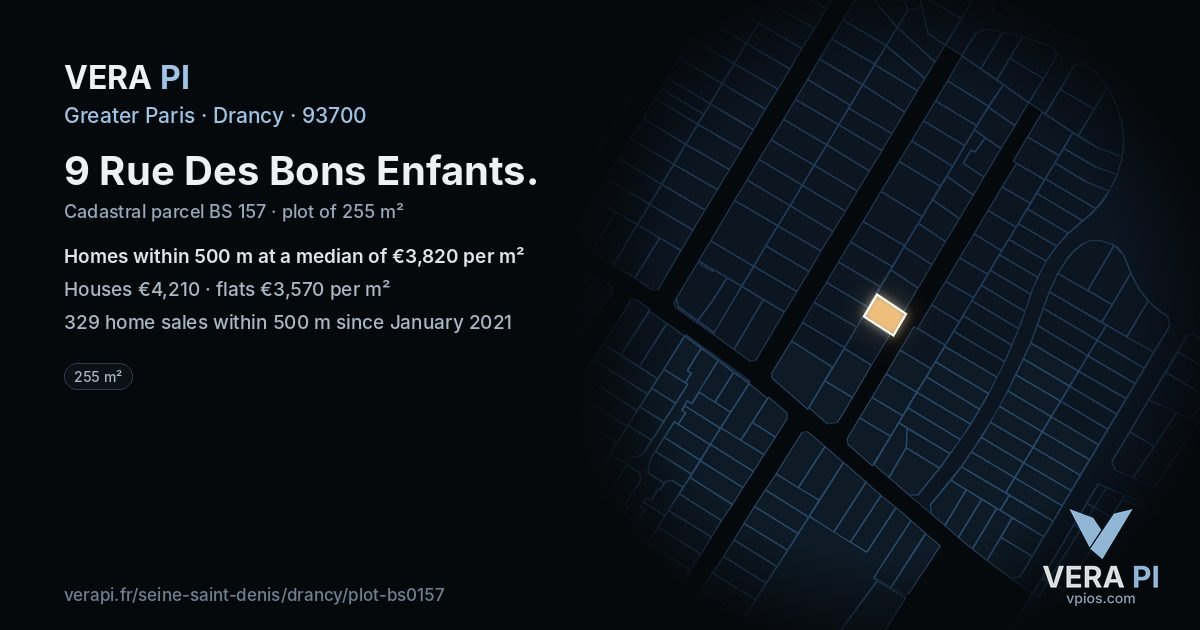 9 Rue Des Bons Enfants, Drancy at night – the plot lit, the parcels around coloured by the prices near them