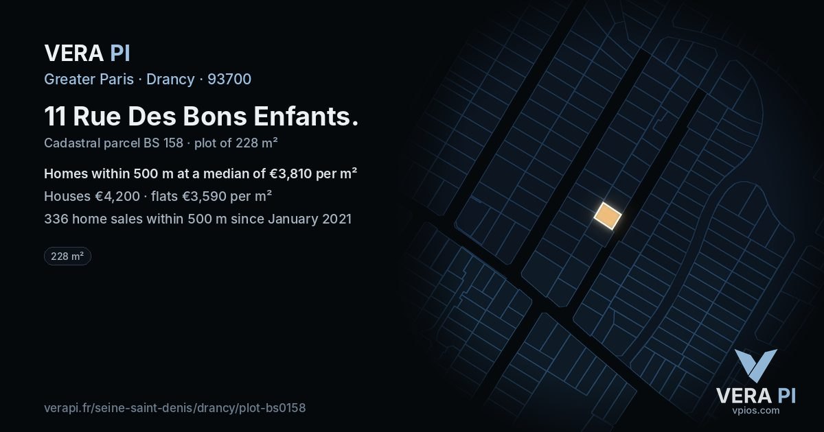 11 Rue Des Bons Enfants, Drancy at night – the plot lit, the parcels around coloured by the prices near them