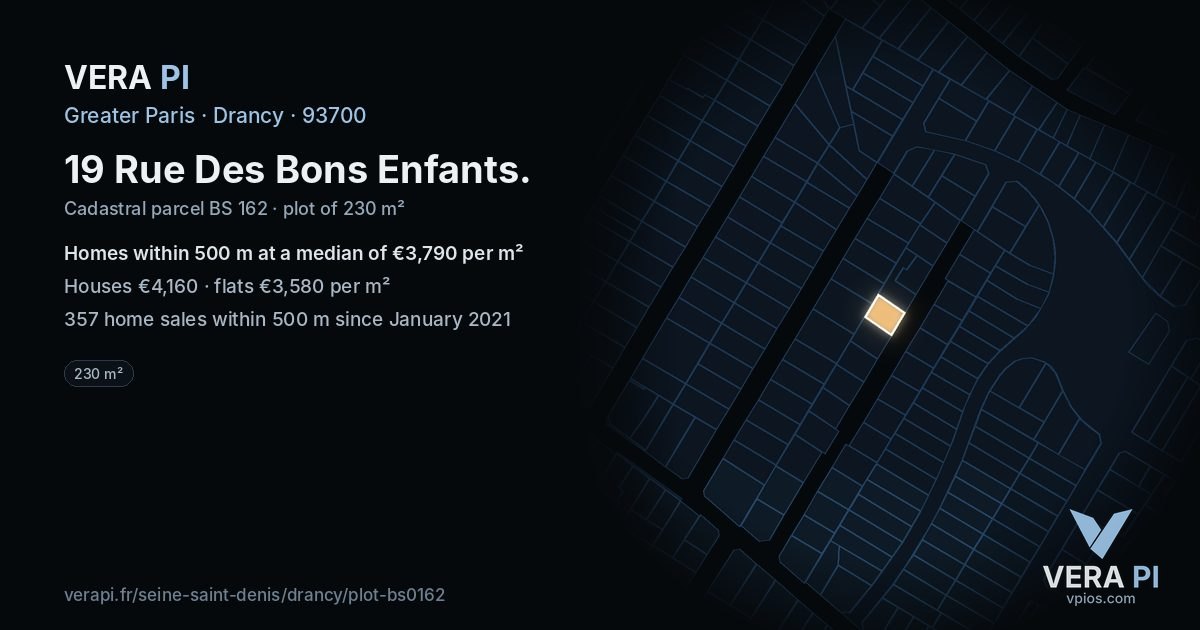 19 Rue Des Bons Enfants, Drancy at night – the plot lit, the parcels around coloured by the prices near them