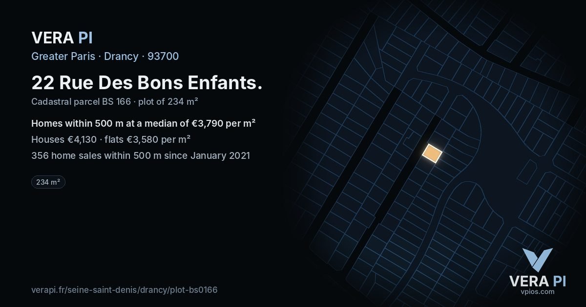 22 Rue Des Bons Enfants, Drancy at night – the plot lit, the parcels around coloured by the prices near them