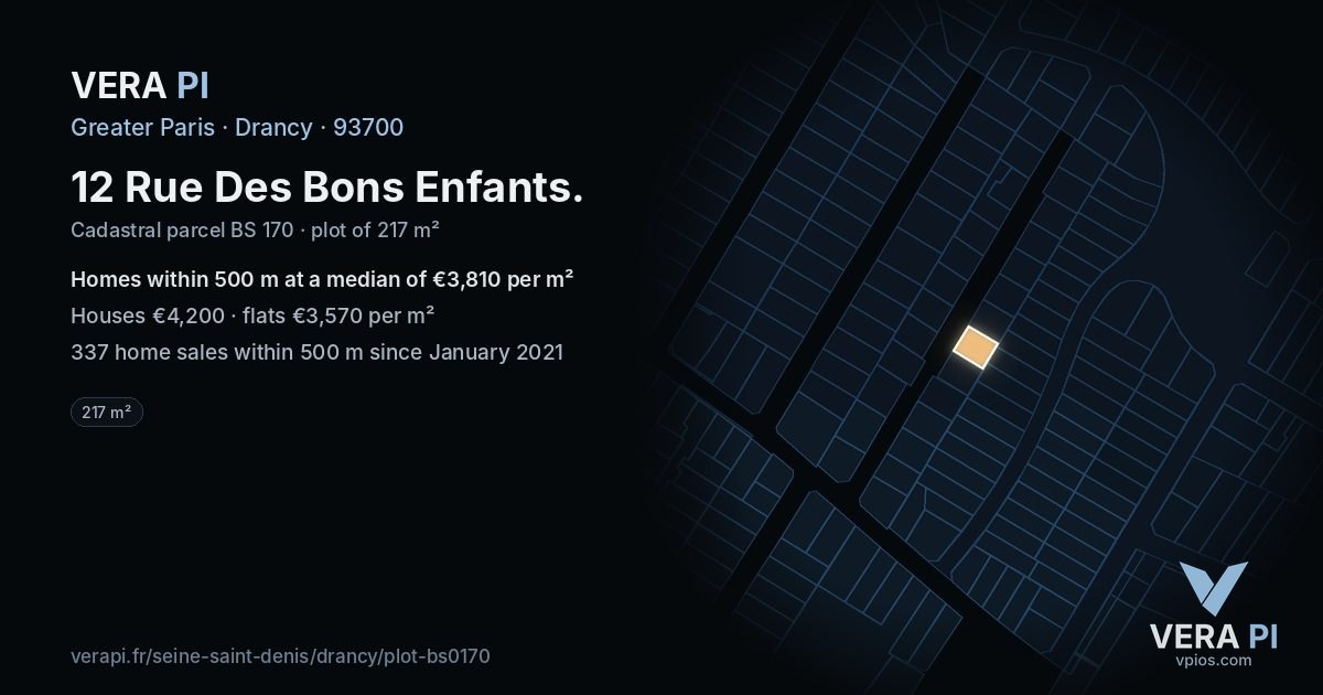 12 Rue Des Bons Enfants, Drancy at night – the plot lit, the parcels around coloured by the prices near them