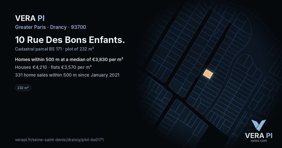 10 Rue Des Bons Enfants, Drancy at night – the plot lit, the parcels around coloured by the prices near them