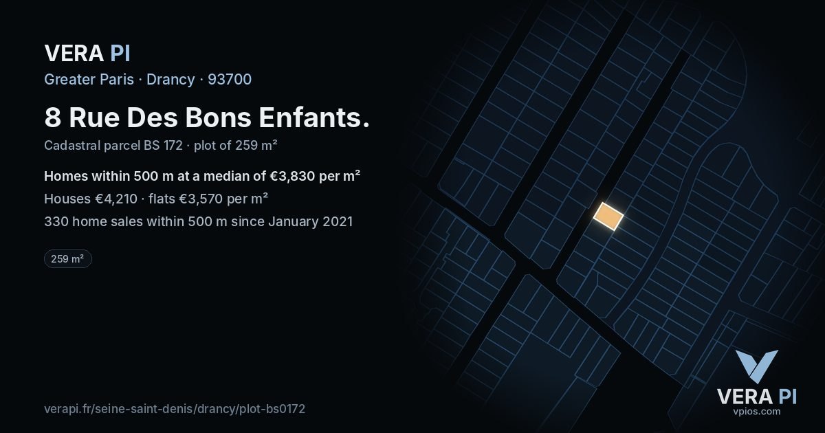 8 Rue Des Bons Enfants, Drancy at night – the plot lit, the parcels around coloured by the prices near them