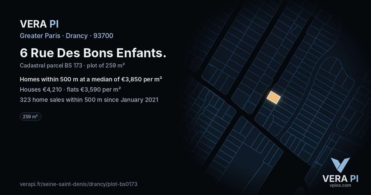 6 Rue Des Bons Enfants, Drancy at night – the plot lit, the parcels around coloured by the prices near them