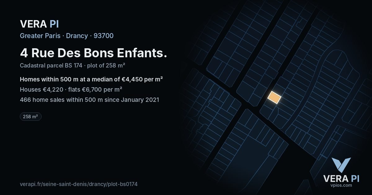 4 Rue Des Bons Enfants, Drancy at night – the plot lit, the parcels around coloured by the prices near them