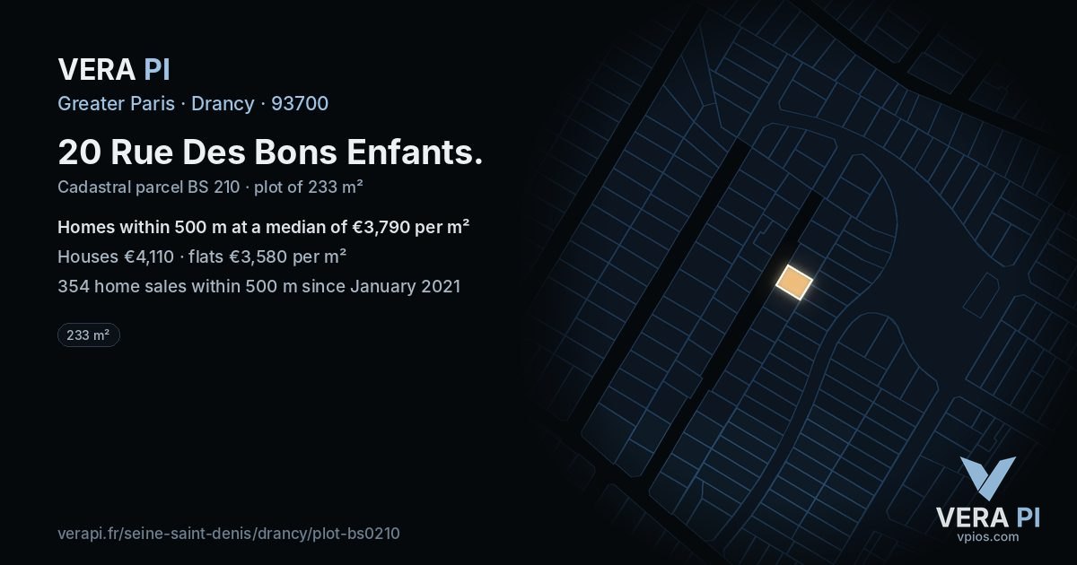 20 Rue Des Bons Enfants, Drancy at night – the plot lit, the parcels around coloured by the prices near them