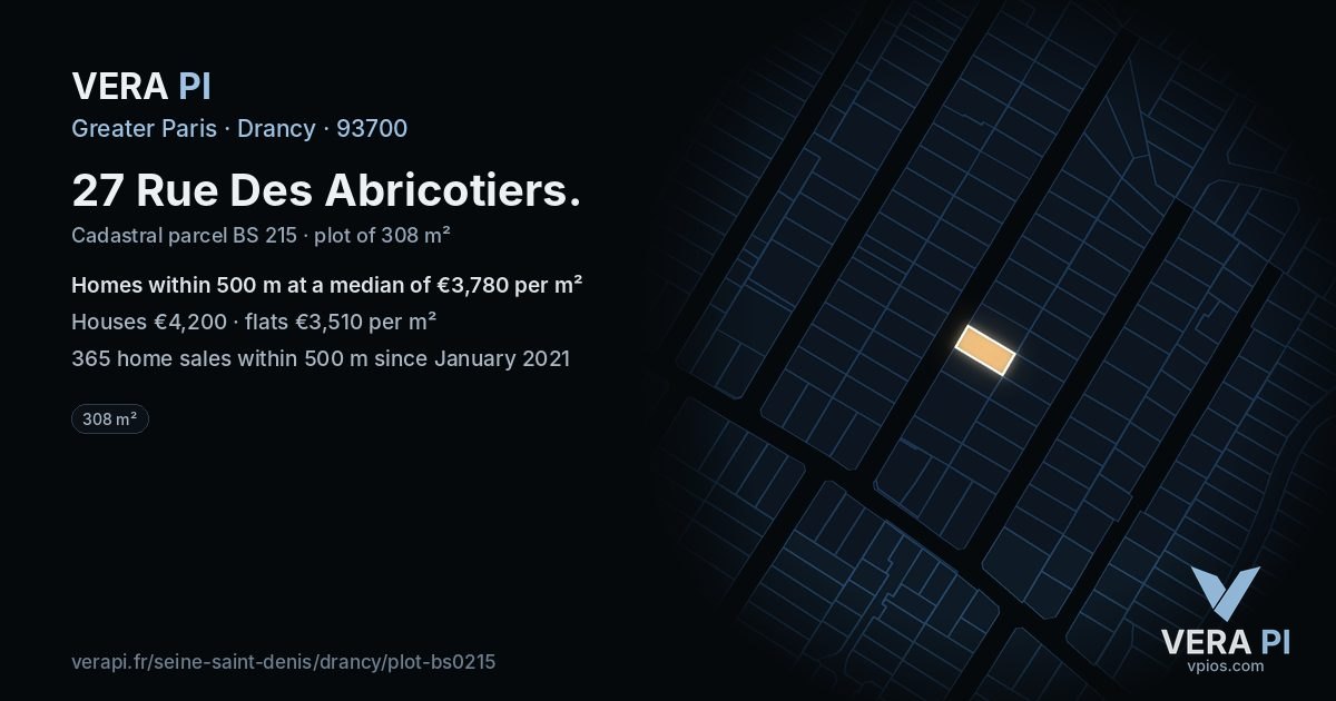 27 Rue Des Abricotiers, Drancy at night – the plot lit, the parcels around coloured by the prices near them