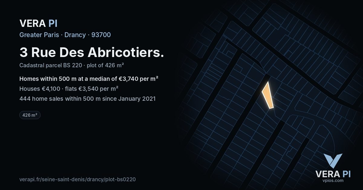 3 Rue Des Abricotiers, Drancy at night – the plot lit, the parcels around coloured by the prices near them