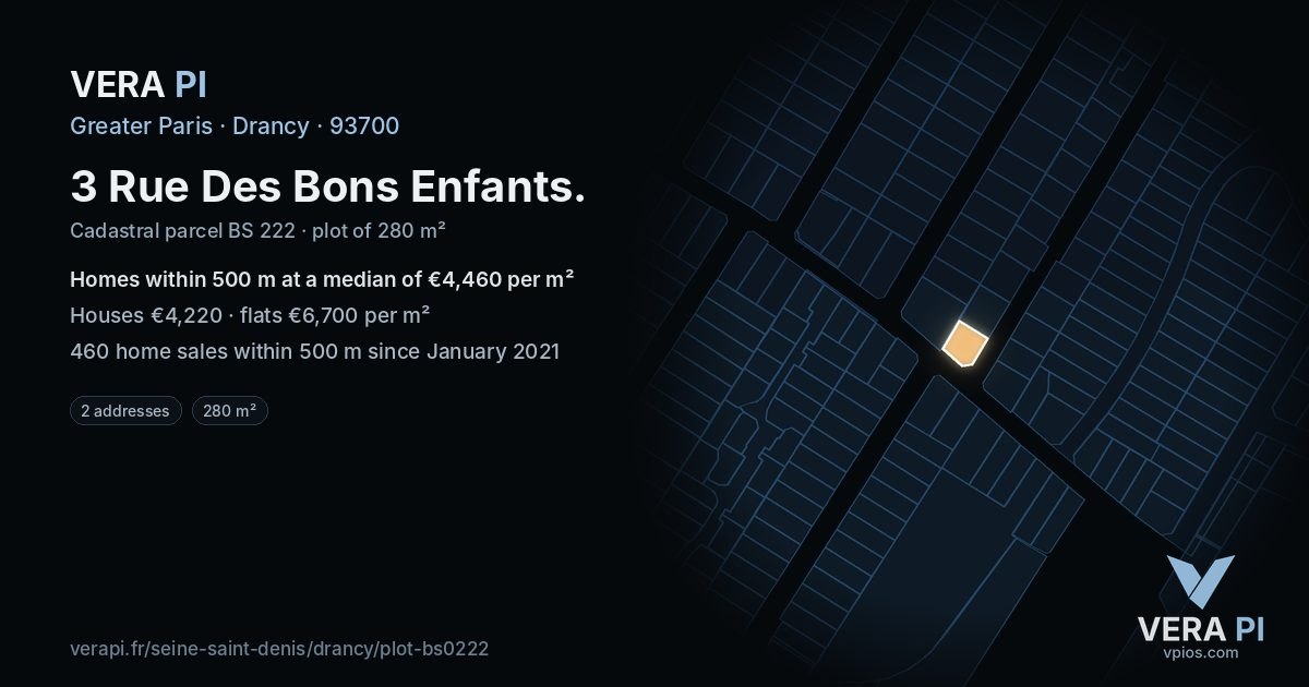 3 Rue Des Bons Enfants, Drancy at night – the plot lit, the parcels around coloured by the prices near them