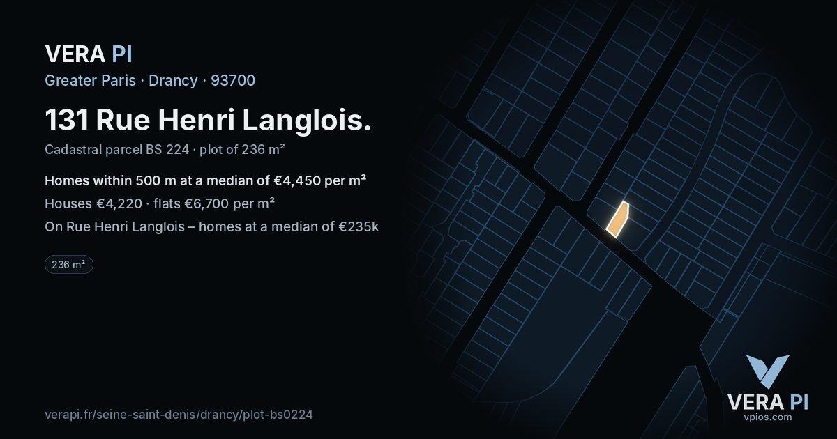 131 Rue Henri Langlois, Drancy at night – the plot lit, the parcels around coloured by the prices near them
