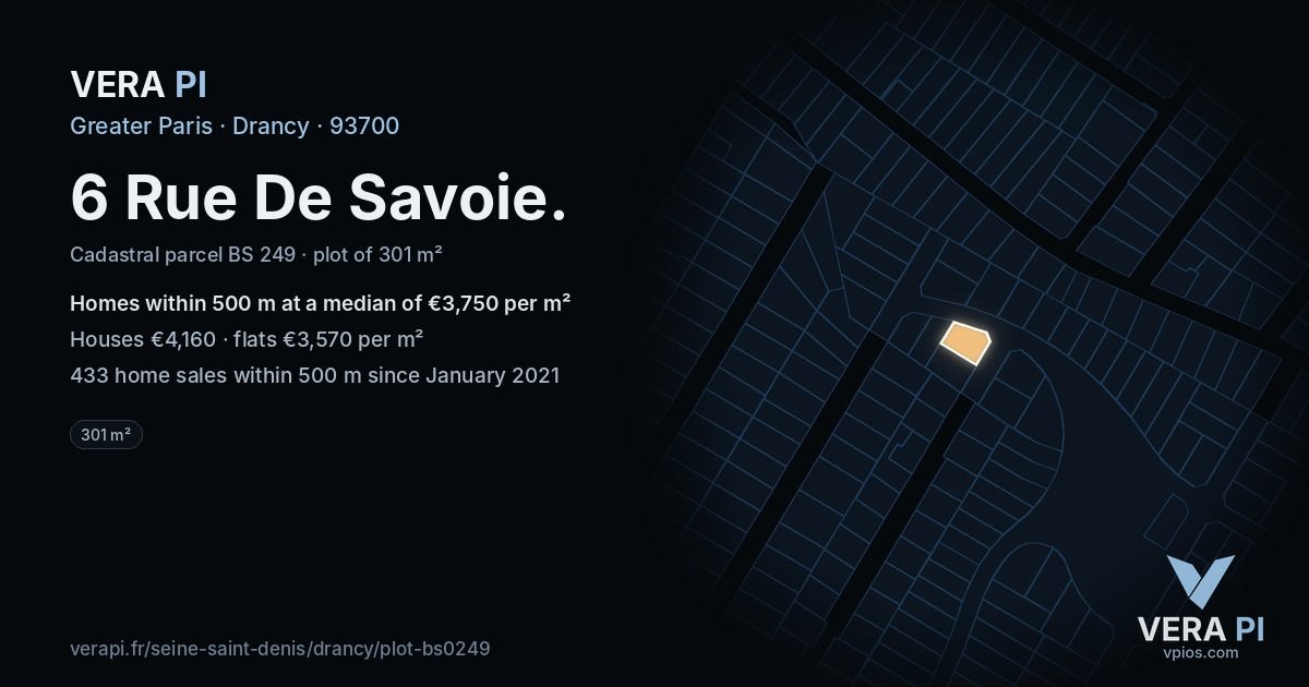 6 Rue De Savoie, Drancy at night – the plot lit, the parcels around coloured by the prices near them