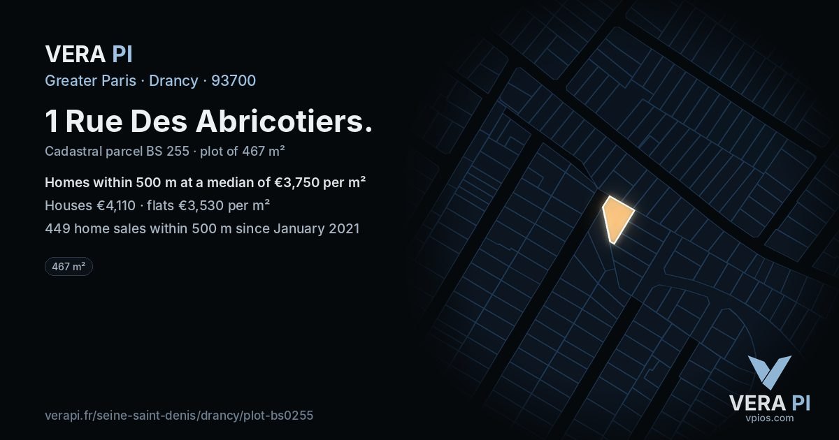 1 Rue Des Abricotiers, Drancy at night – the plot lit, the parcels around coloured by the prices near them