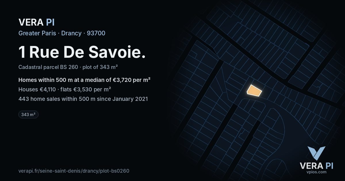 1 Rue De Savoie, Drancy at night – the plot lit, the parcels around coloured by the prices near them