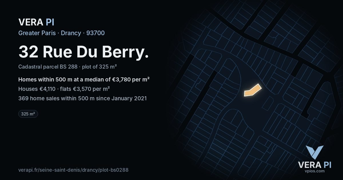 32 Rue Du Berry, Drancy at night – the plot lit, the parcels around coloured by the prices near them