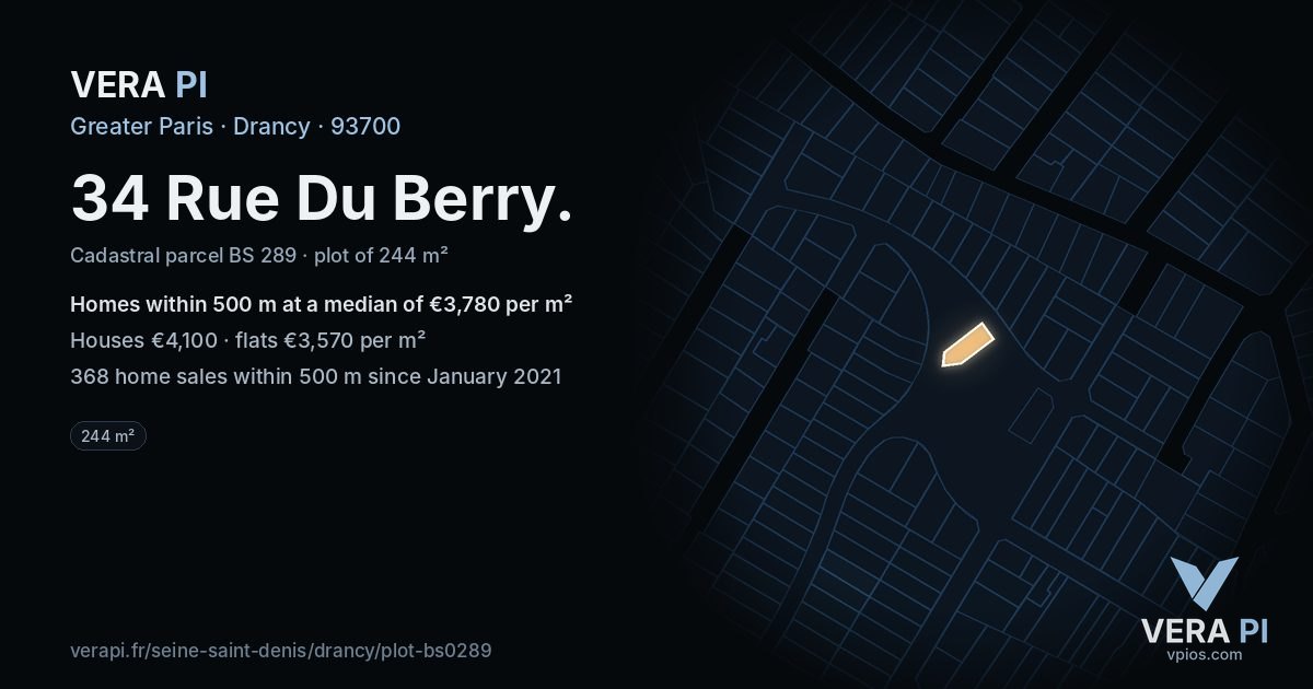34 Rue Du Berry, Drancy at night – the plot lit, the parcels around coloured by the prices near them