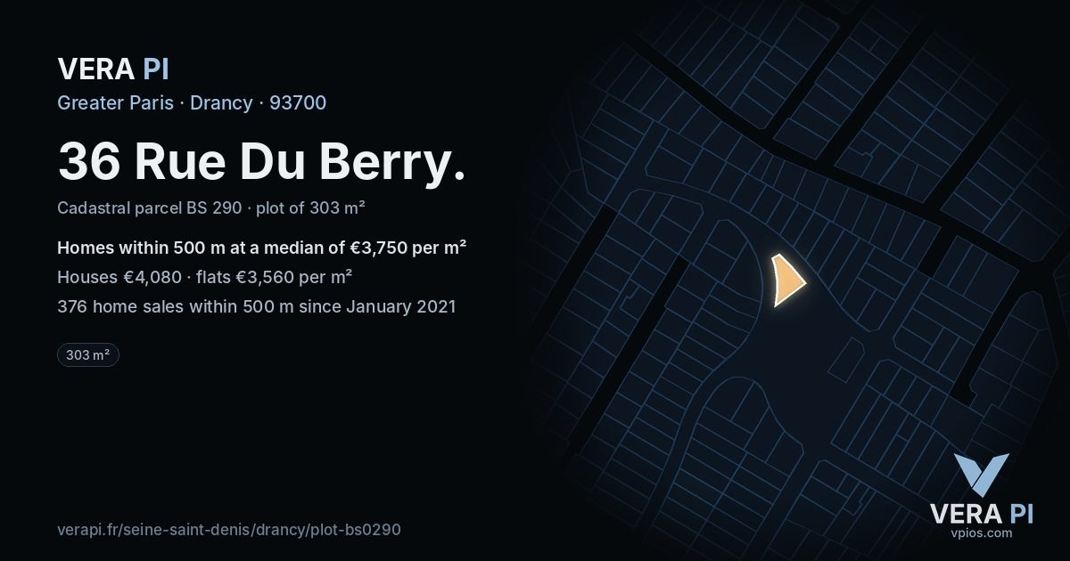 36 Rue Du Berry, Drancy at night – the plot lit, the parcels around coloured by the prices near them