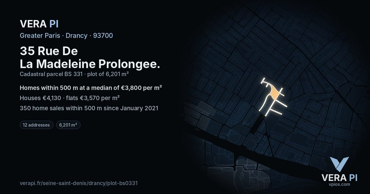 35 Rue De La Madeleine Prolongee, Drancy at night – the plot lit, the parcels around coloured by the prices near them