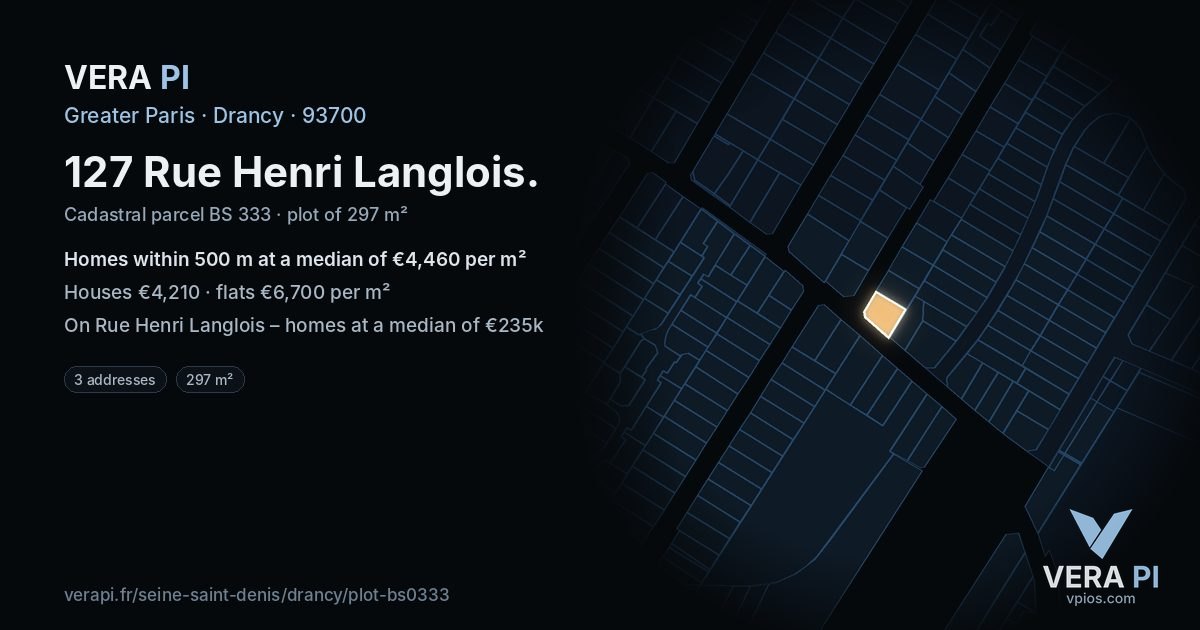 127 Rue Henri Langlois, Drancy at night – the plot lit, the parcels around coloured by the prices near them