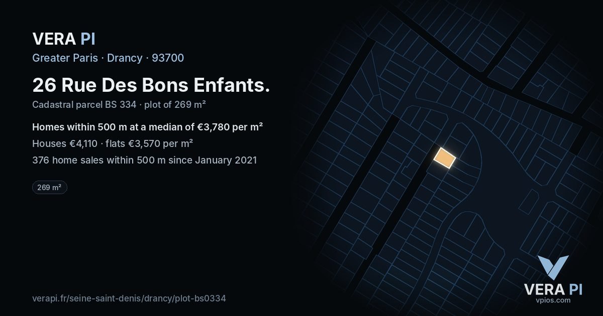 26 Rue Des Bons Enfants, Drancy at night – the plot lit, the parcels around coloured by the prices near them
