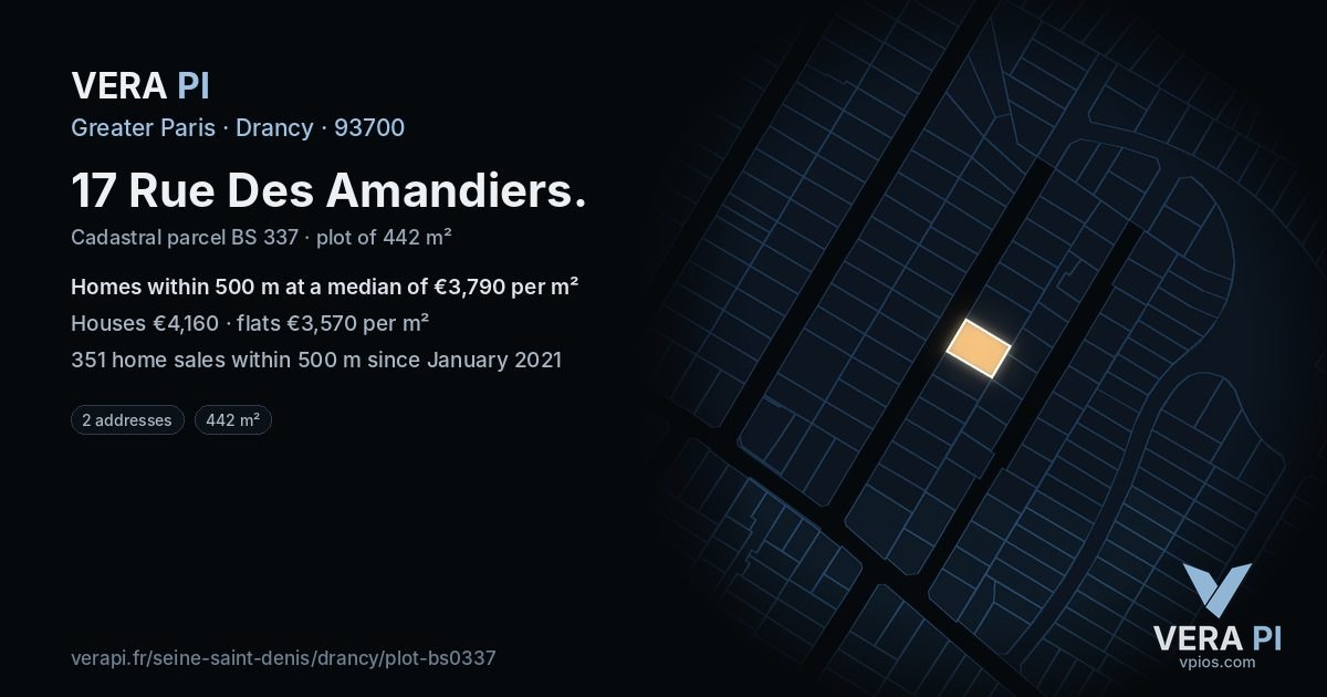 17 Rue Des Amandiers, Drancy at night – the plot lit, the parcels around coloured by the prices near them
