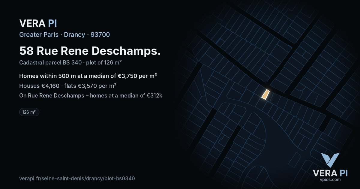 58 Rue Rene Deschamps, Drancy at night – the plot lit, the parcels around coloured by the prices near them