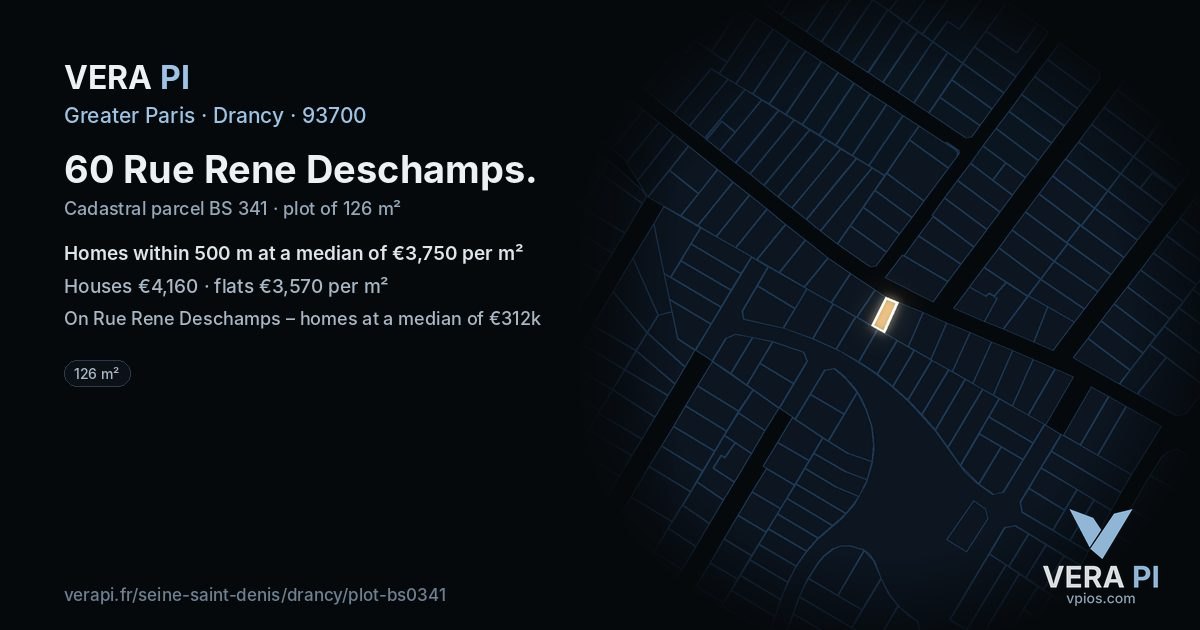 60 Rue Rene Deschamps, Drancy at night – the plot lit, the parcels around coloured by the prices near them
