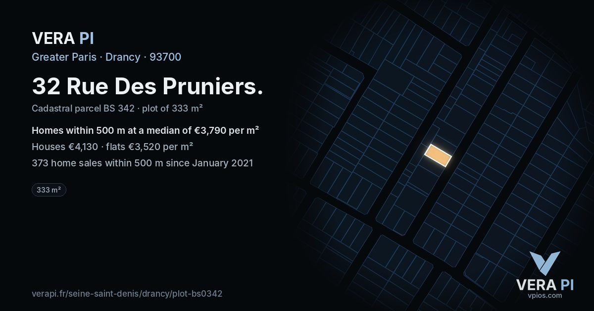 32 Rue Des Pruniers, Drancy at night – the plot lit, the parcels around coloured by the prices near them